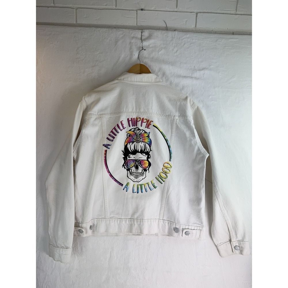 Old Navy Jacket Womens Large Denim Jean Hippie Graphic Custom‎ Embroidered